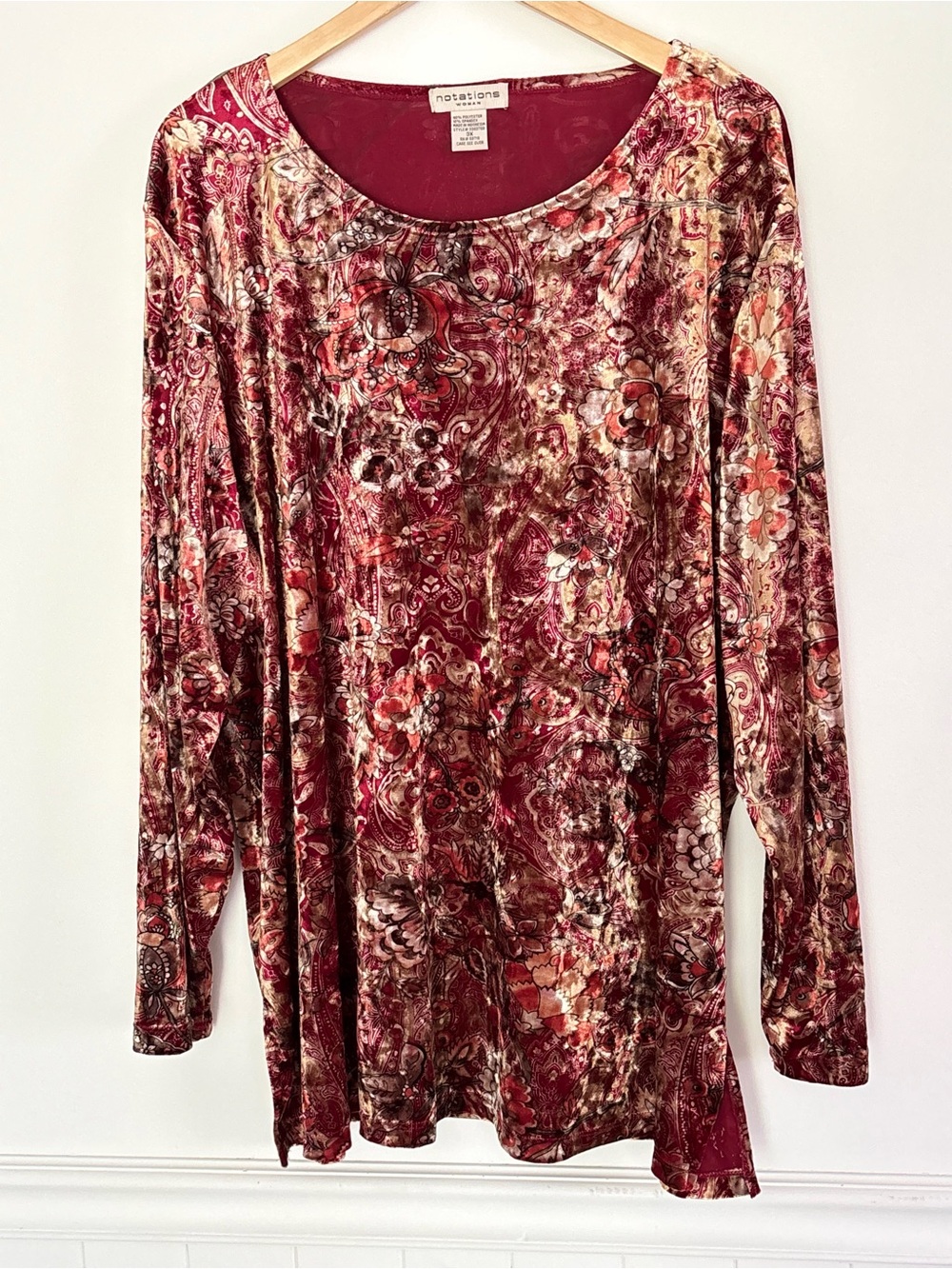 Notations Women's Velvet Shirt Tunic Top Size 3X Paisley Floral Boho Whimsy a100